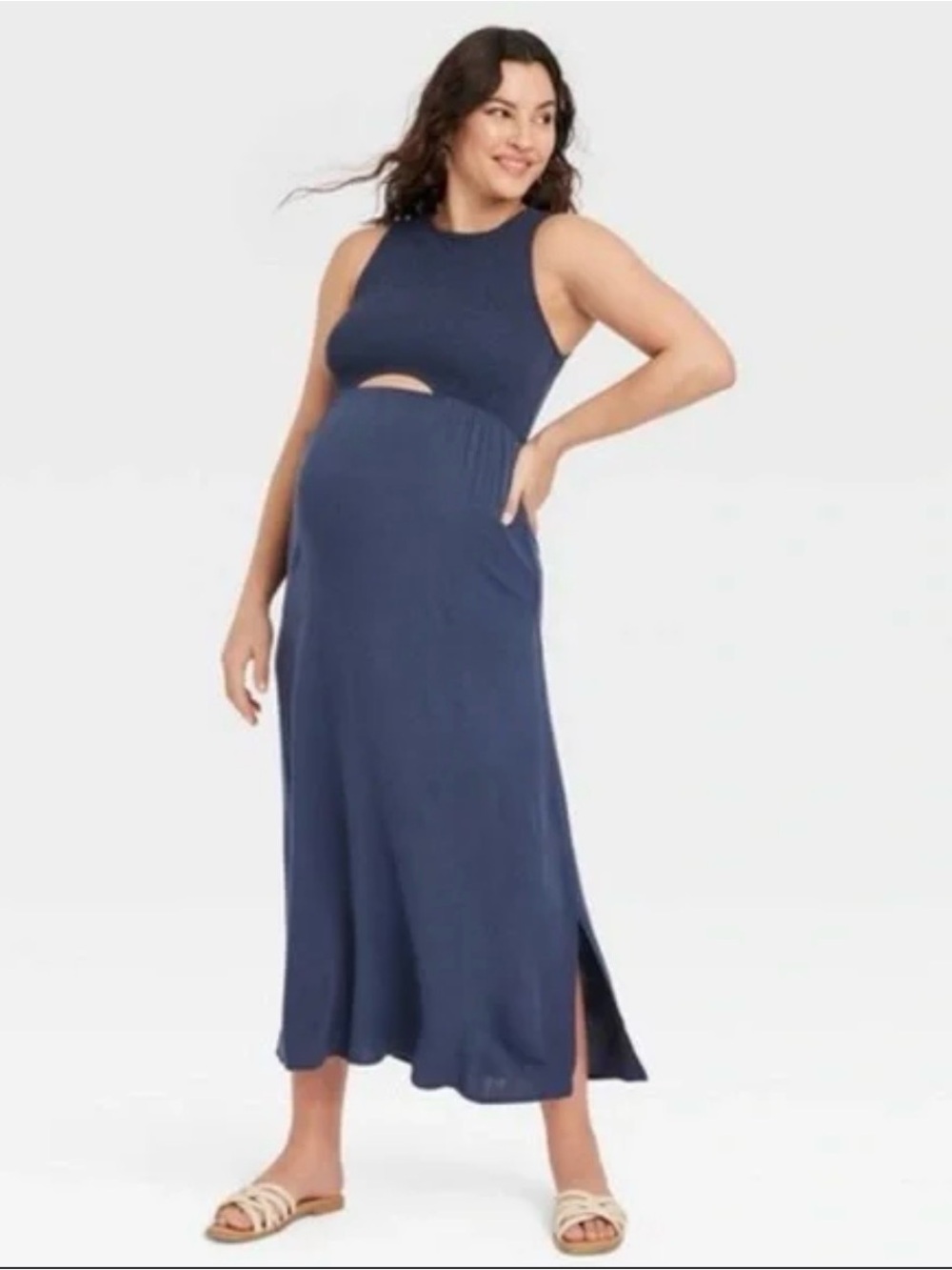 Maternity Isabel Navy Sleeveless Maxi Dress with Peek a boo belly size small